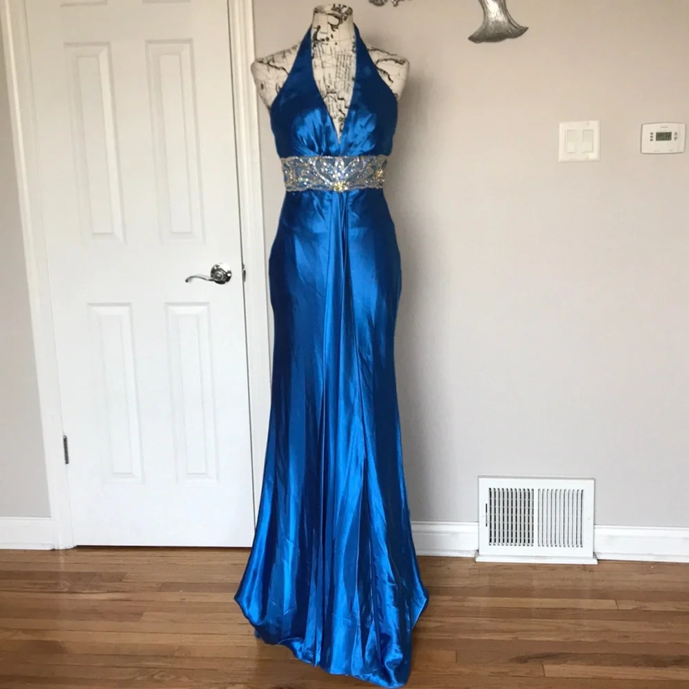 ✈️Satin Train Bead Halter Embellish Mermaid T-strap Flare Gown Wedding colorful - Picture 3 of 8